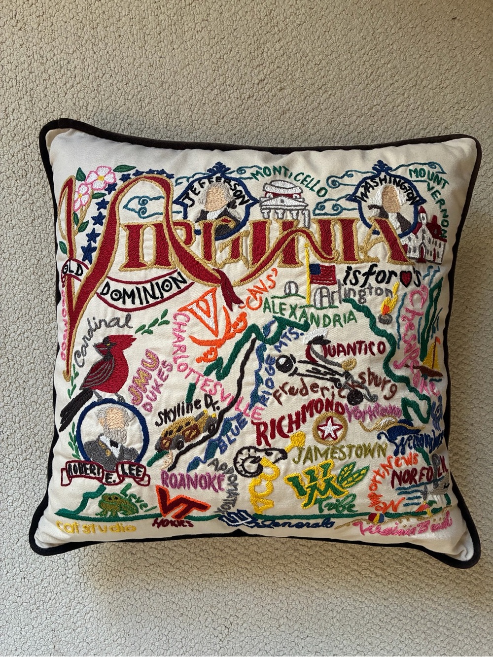 Catstudio VIRGINIA 2004 Hand-Embroidered Cotton Pillow  20" Square Colorful Rare